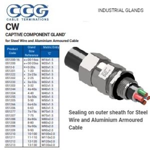 CCG 051206, Gland Industrial SWA CW Series Nickel Plated Brass (NPB) Size 6 (52.5-65.5mm) M63 x 1.5, 15mm Thread length Supplied with Sealing Washer and a Heavy Duty locknut.