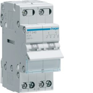 Hager SFT240 Changeover Switch, 2-Pole, 40A, 230VAC, IP20, Modular, DIN Rail Mount, Compact Design, 70mm x 35mm x 83mm, White