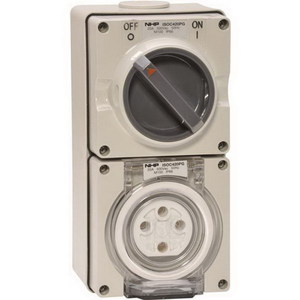 NHP ISOC420PG ISO Series Switchplug Combination, Switched Socket Outlet, IP66, 415V, 3 Phase, 20A, 4 Round Pins, Surface Mount, Grey