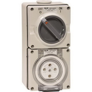 NHP ISOC520PG ISO Series Switchplug Combination, Switched Socket Outlet, IP66, 415V, 3 Phase, 20A, 5 Round Pins, Surface Mount, Grey