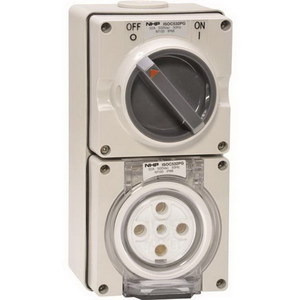 NHP ISOC532PG ISO Series Switchplug Combination, Switched Socket Outlet, IP66, 415V, 3 Phase, 32A, 5 Round Pins, Surface Mount, Grey