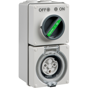 Schneider EY56C320 Easy56 Series Switchplug Combination, Switched Socket Outlet, IP66, 250V, 1 Phase, 20A, 3 Round Pins, Surface Mount, 203mm H x 101mm W x 101mm D, Grey