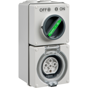 Schneider EY56C520 Easy56 Series Switchplug Combination, Switched Socket Outlet, IP66, 415V, 3 Phase, 20A, 5 Round Pins, Surface Mount, 203mm H x 101mm W x 101mm D, Grey