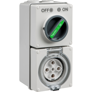 Schneider EY56C532 Easy56 Series Switchplug Combination, Switched Socket Outlet, IP66, 415V, 3 Phase, 32A, 5 Round Pins, Surface Mount, 203mm H x 101mm W x 101mm D, Grey